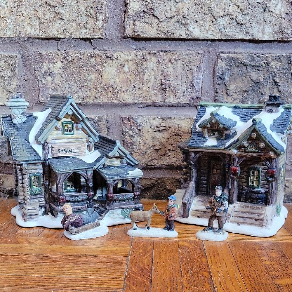 Rustic Christmas Village Lot – 2 Cabins + Accessories (No Cords)